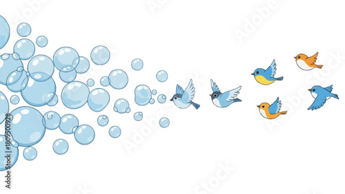 Bubbles flowing left birds flying right across white background