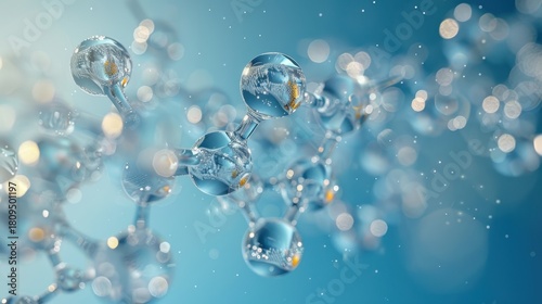 Pentagonal Molecule Light Blue Background gel spheres representing skincare ingredients like coenzyme Q10 and hyaluronic acid, with a clean, abstract background for dermatology and beauty applications