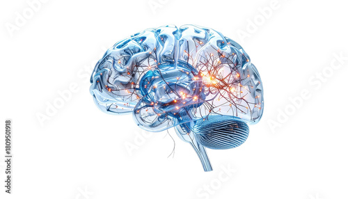 Illuminated, transparent brain visualization, showing neural network activity with a dark background