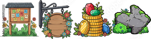 Collection of illustrated icons for games and information