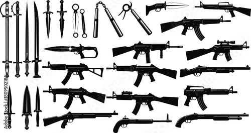Black Silhouette Set of Diverse Weapons Including Swords, Knives, Firearms, Rifles, and Nunchaku, Illustrating Military, Combat, and Defense Equipment