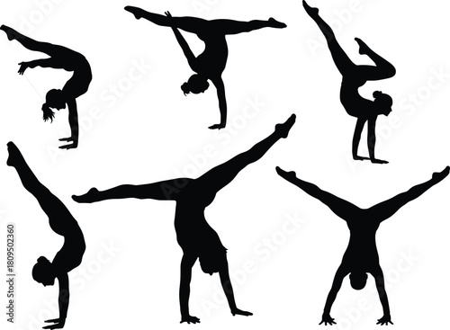 Black Silhouette Set of Female Gymnasts and Acrobats Performing Handstands, Handsprings, and Splits, Illustrating Flexibility, Balance, and Skill