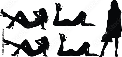 Black Silhouette Set of Glamorous Women in High Heels, Posing in Reclining, Lying, and Standing Positions, Illustrating Fashion, Style, and Beauty