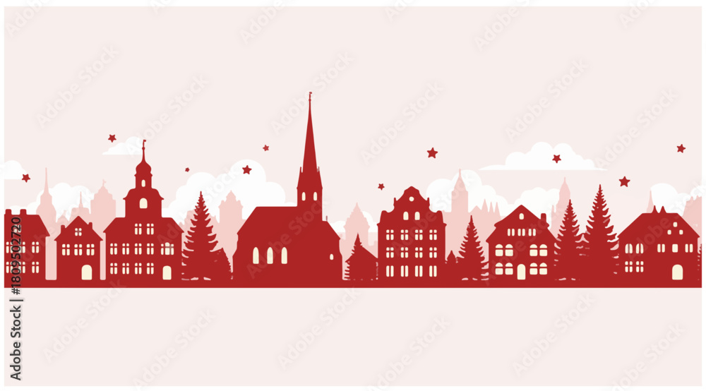 Fototapeta premium Monochrome Red Christmas Town Skyline Silhouette
