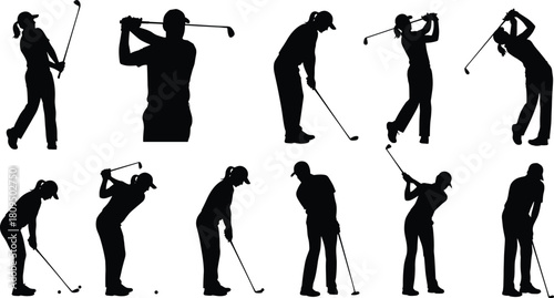 Black Silhouette Set of Golf Players, Both Male and Female, Executing Diverse Golf Swing Poses, Illustrating Sport, Precision, and Leisure Activity