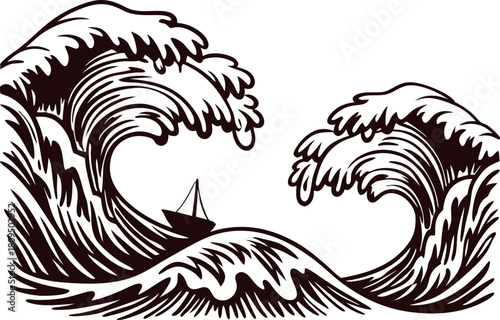 Vintage engraved illustration of a small boat caught in large ocean waves, dynamic hand drawn nautical