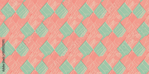 Pattern of intersecting textured rectangles in salmon and teal creating a woven appearance