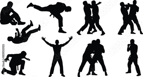 Black Silhouette Set of Martial Arts Fighters Engaging in Combat, Featuring Takedowns, Strikes, and Victory Pose, Symbolizing Struggle and Triumph