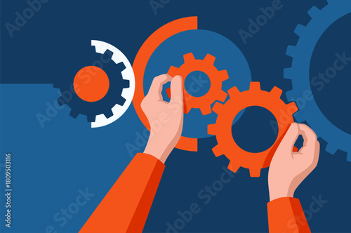 Business time management concept with hands and gears in orange and blue