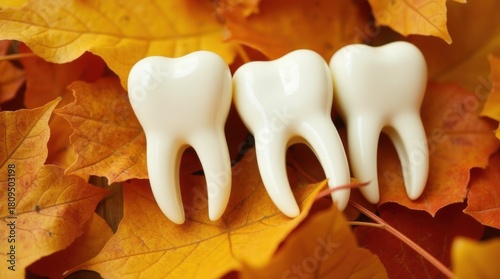 Big white teeth models lie among colorful autumn leaves. Fall foliage, health, decay symbol. Dentist, dental clinic creative design, thanksgiving. Teeth on leaves shows dental health, whitening, oral