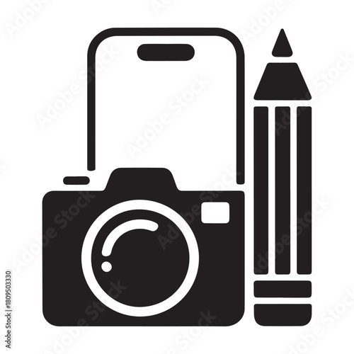 Illustration of a camera and pencil, representing photography and creativity, isolated on a