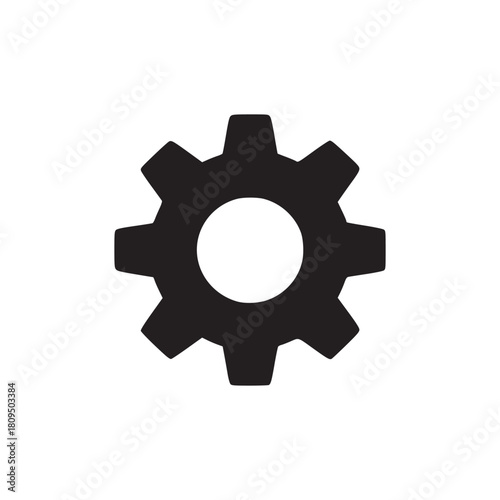 A simple black gear icon centered on a plain white background in a minimalistic design style