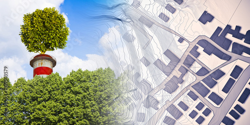 GREEN INDUSTRIAL CONVERSION IN OUR CITIES, ENVIRONMENTAL REGENERATION - Zero CO2 emissions concept with a tree on top of a chimney and imaginary city map