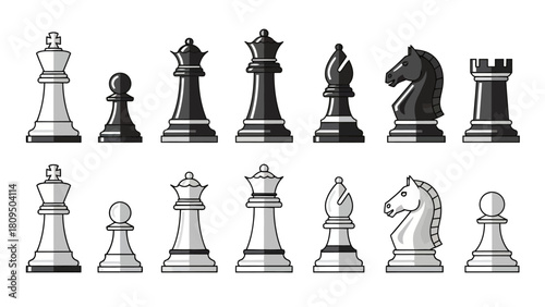 Two rows of pixelated chess pieces in black and white