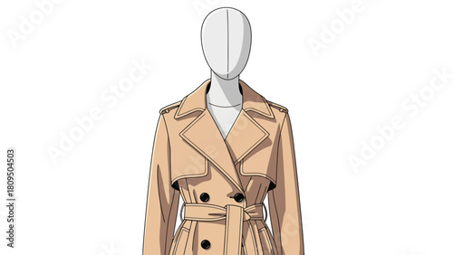 A beige trench coat on a white mannequin