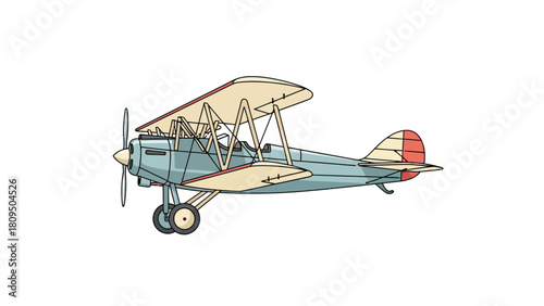 A biplane with beige wings a blue body and red accents