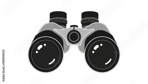 A black and gray graphic of binoculars against a white background