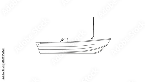 A black and white line drawing of a small boat with a mast