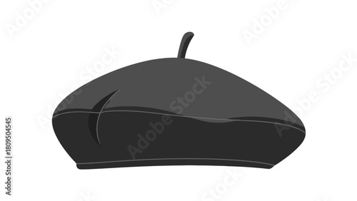 A black beret with a small stem on top depicted in a flat style