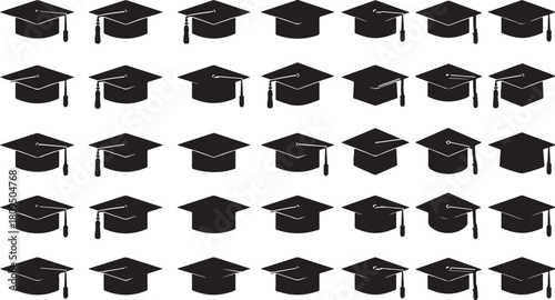 A grid of graduation caps with tassels, presented as black silhouettes on a white background Keywords: graduation cap, academic, education, cap, tassel, mortarboard, diploma, degree, university