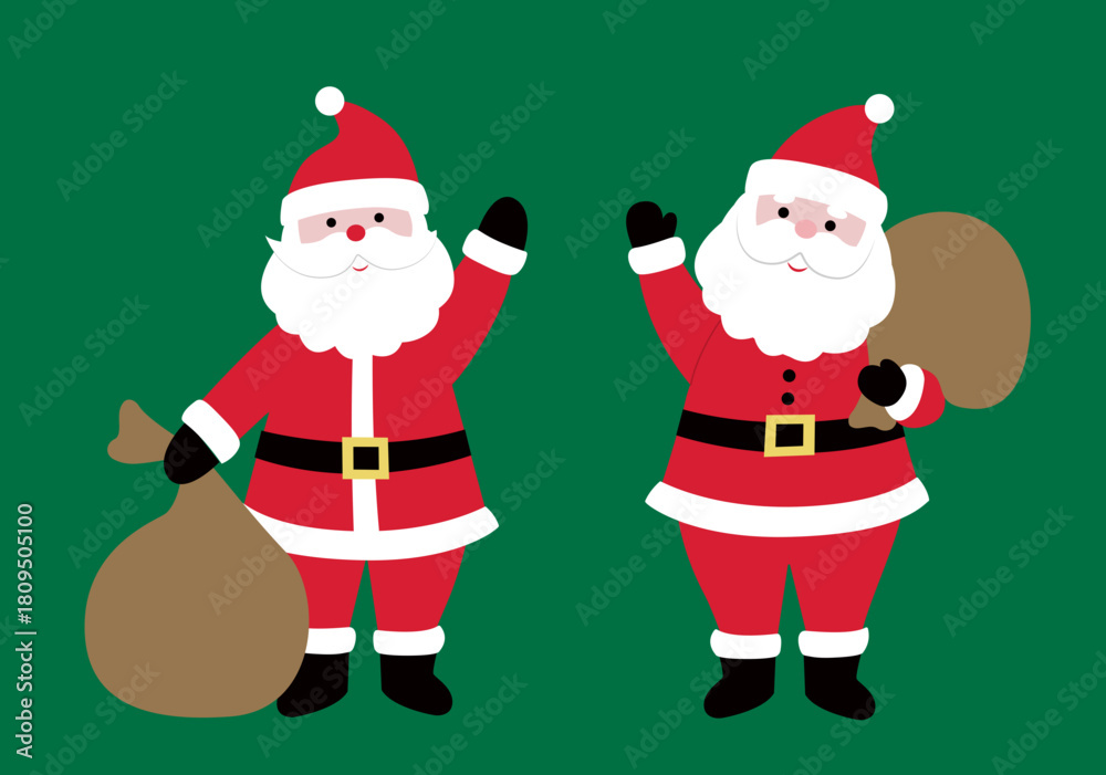 Fototapeta premium Cute Santa Claus with Gift Sack Flat Vector Illustration. Christmas Santa Characters Waving Clipart Set. Festive Santa Claus Figures with Bag Icon Collection.