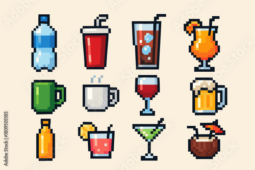 Pixel Drink and Beverage Icon Set