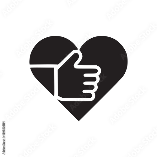 A black heart shape with a white outline of a thumbs up hand gesture inside on a white background