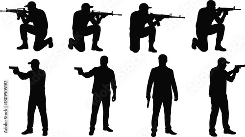 Black Silhouette Set of Armed Men, Kneeling with Rifles and Standing with Pistols, Illustrating Security, Military, Law Enforcement, and Tactical Training