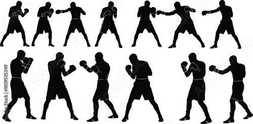 Black Silhouette Set of Boxers in Various Fighting Poses, Featuring Jabs, Guards, and Punches, Illustrating Boxing, Combat Sport, and Fitness Training