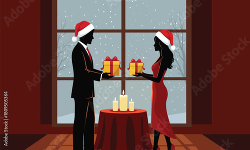 Couple Exchanging Christmas Presents at Night by Window. Silhouettes of Man and Woman in Santa Hats Giving Gifts during Winter Holiday.