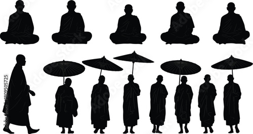Black Silhouette Set of Buddhist Monks in Meditation and Walking Poses, Carrying Traditional Umbrellas, Symbolizing Asian Religion, Spirituality, and Peace