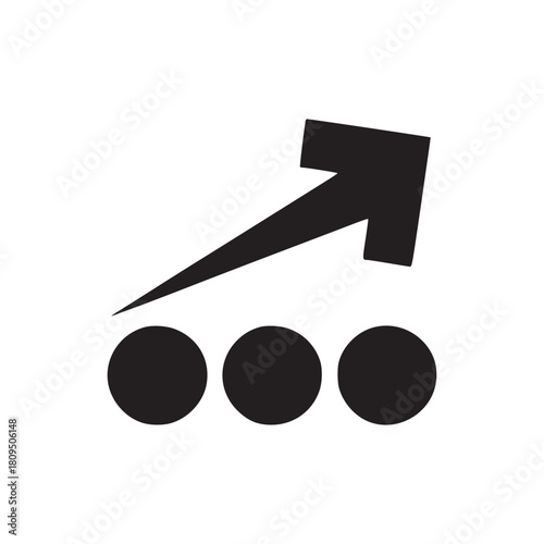 A black arrow pointing upwards and to the right above three black circles on a white background plain view