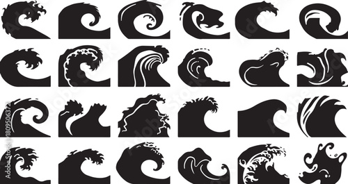 Collection of 24 Black Silhouette Stylized Ocean Wave Icons and Illustrations water surf