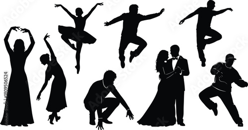 Black Silhouette Set of Diverse Dancers and Couples, Including Ballet, Modern, and Ballroom Styles, Symbolizing Artistic Performance, Celebration, and Movement