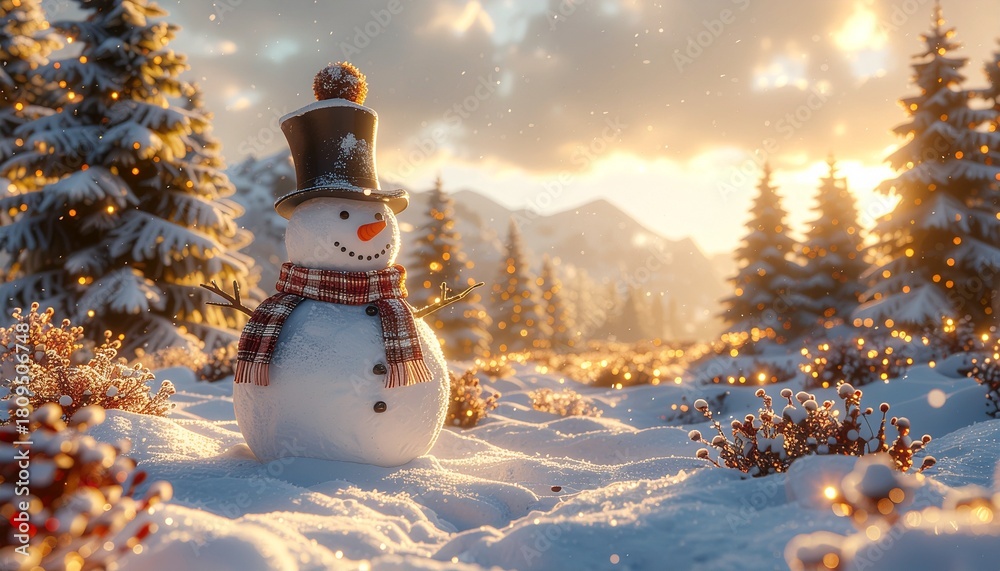 Fototapeta premium Snowman standing in a snowy landscape, pine trees in the background, festive atmosphere, postcard design