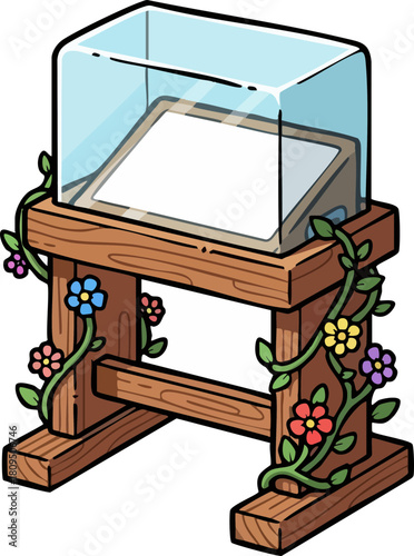 Display stand with artifacts and vines, exhibition setup