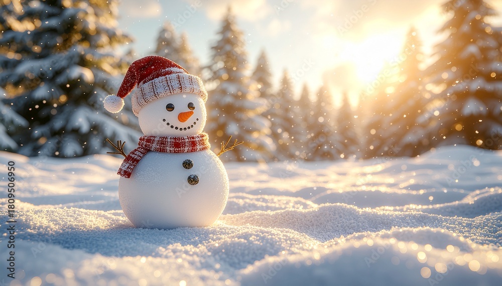 Obraz premium Snowman standing in a snowy landscape, pine trees in the background, festive atmosphere, postcard design