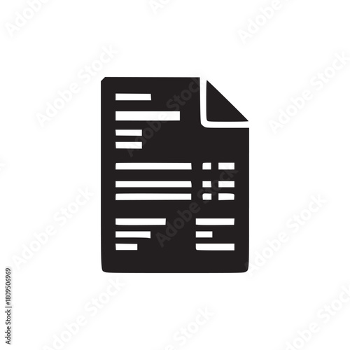 A black and white document icon with lines of text and a folded corner on a white background space