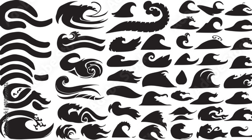 Collection of black stylized wave and water splash graphic elements on a white background Keywords: wave, water, splash, ocean, sea, ripple, swirl, abstract, graphic, illustration, design element
