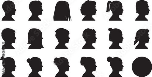 Collection of black silhouette profiles of children's heads showing diverse hairstyles and genders on white background