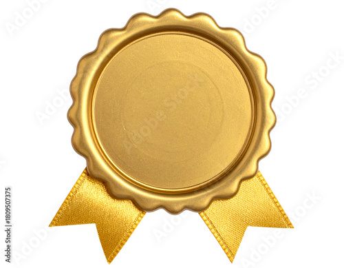 Gold seal with ribbon isolated on transparent background.