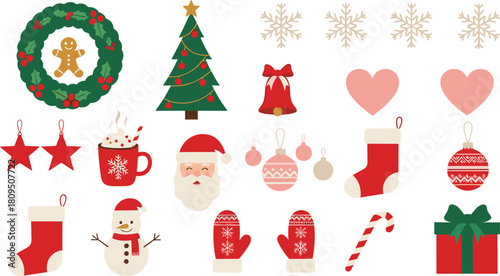 Mega Set of Cute Christmas Holiday Flat Icons and Decorations Vector Illustration