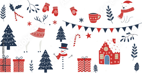 Mega Set of Cute Christmas Holiday Flat Design Elements and Characters Vector Illustration