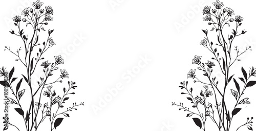 Delicate black line art of flowering branches framing a white space on a white background floral outline