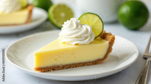 Slice of key lime pie on a white plate. Creamy filling with whipped cream and lime garnish. Fresh dessert for culinary arts or baking.
