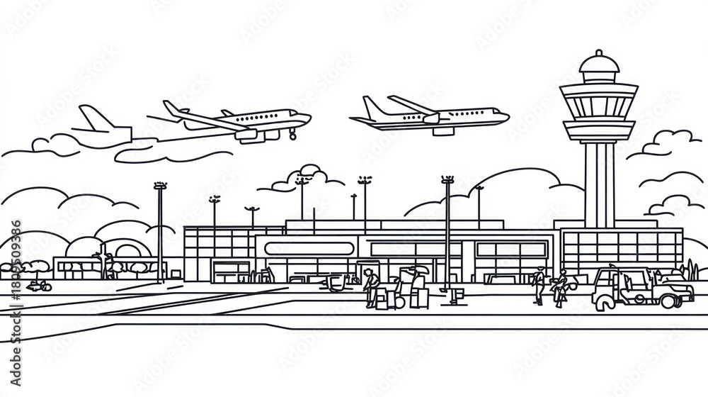Fototapeta premium Airport scene with planes, people, and vehicles for transport or travel related designs