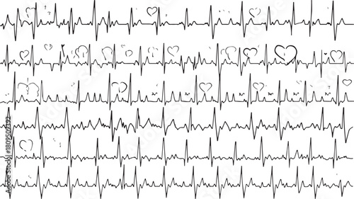 ECG electrocardiogram heart rhythm lines with hand-drawn hearts and scribbles on white background