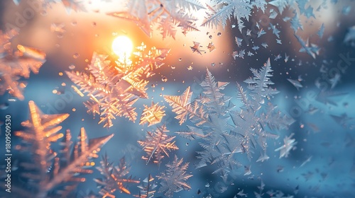 Close up of frost patterns on a window with sunlight shining through creating a winter wonderland scene