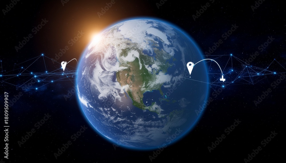 Fototapeta premium Global connections radiating across Earth with glowing network, perfect for illustrating international business reach and worldwide communications networks