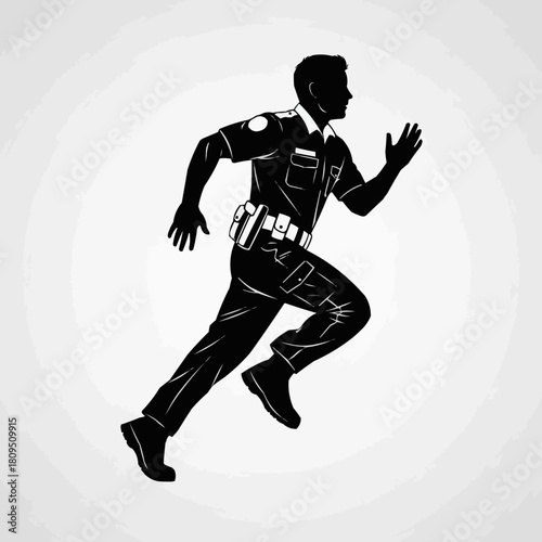 Silhouette of a police officer running with urgency and determination.